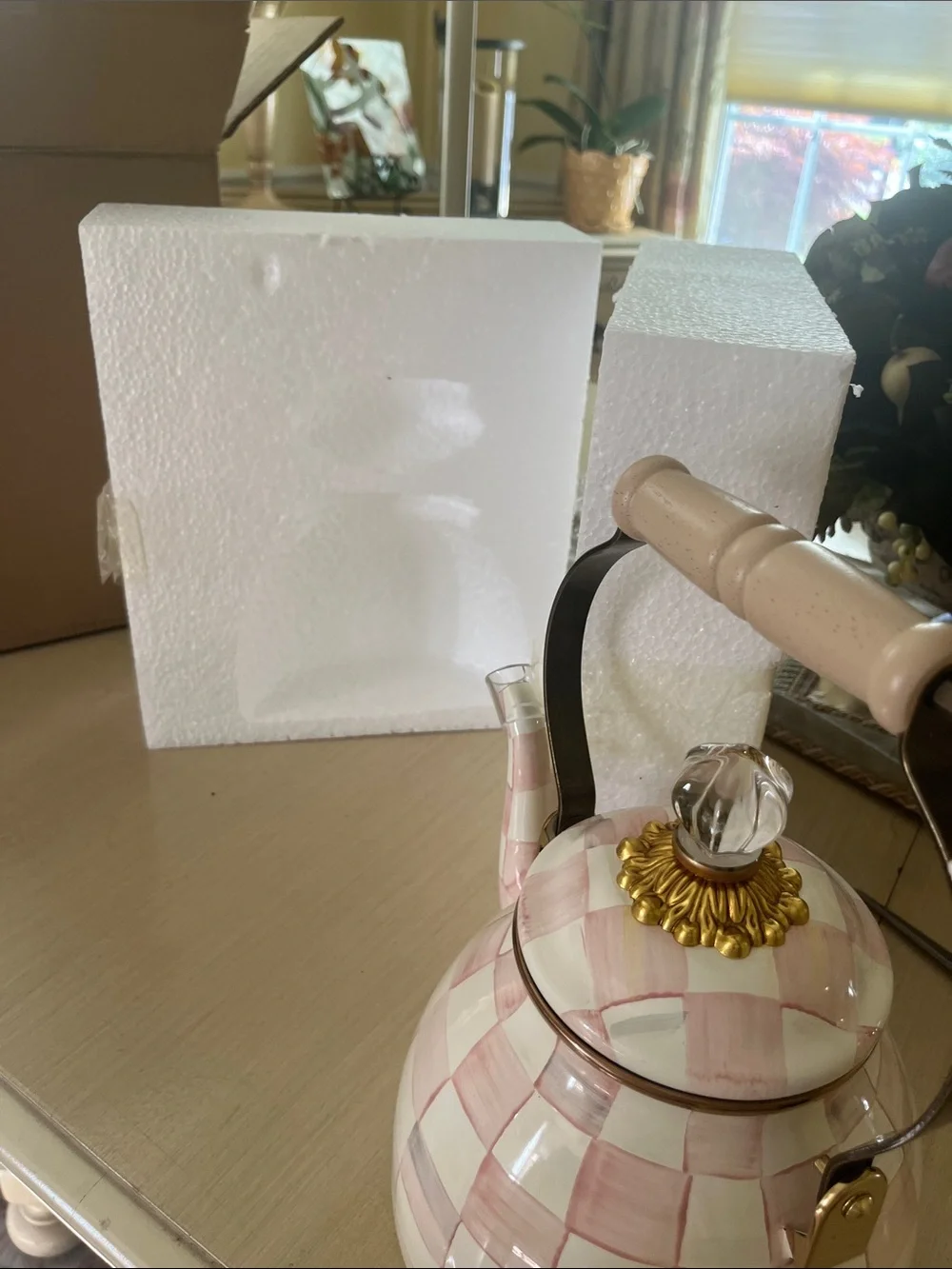 MacKenzie-Childs Pink and Cream Checkered Teapot with Gold Accents